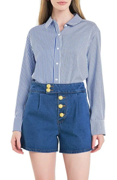English Factory Colourblock Stripe Long Sleeve Button-up Shirt In Blue