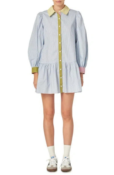 English Factory Colorblock Stripe Long Sleeve Cotton Shirtdress In Blue Multi