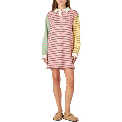 English Factory Colorblock Stripe Long Sleeve Polo Dress In Pink Multi