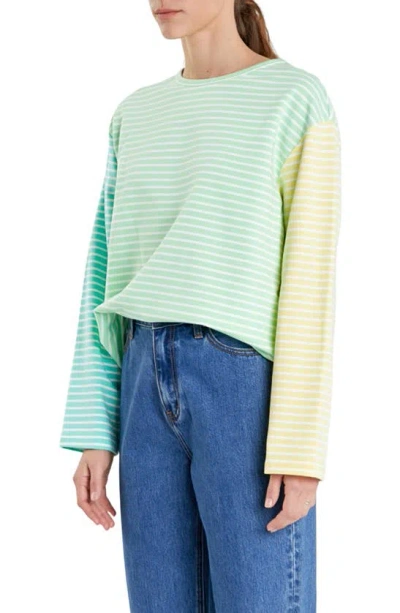 English Factory Colourblock Stripe Long Sleeve Stretch Cotton Top In Green
