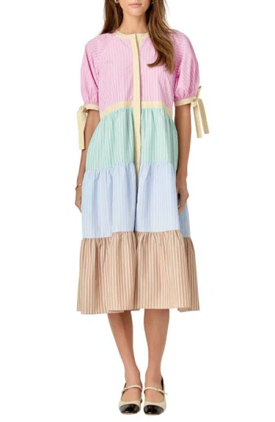 English Factory Colorblock Stripe Tiered Shirtdress In Multi