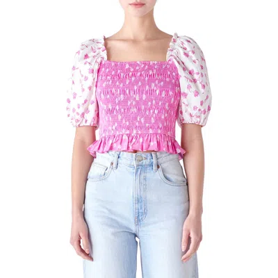 English Factory Colorblock Tulip Print Smocked Top In Pink/white