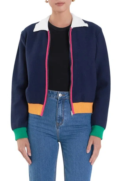 English Factory Colorblock Zip Cardigan In Navy Multi
