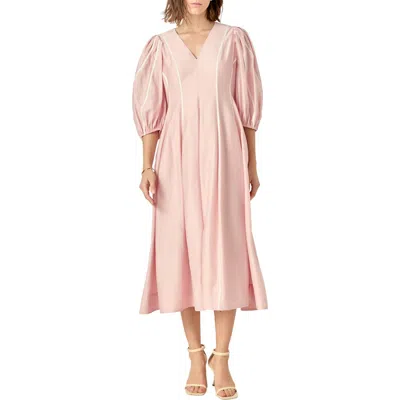 English Factory Contrast Binding Puff Shoulder Midi Dress In Pink