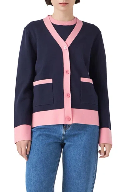 English Factory Contrast Cardigan In Blue/pink