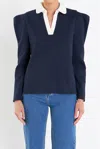 English Factory Contrast Collar Knit Pullover Sweatshirt In Navy Blue In Blue