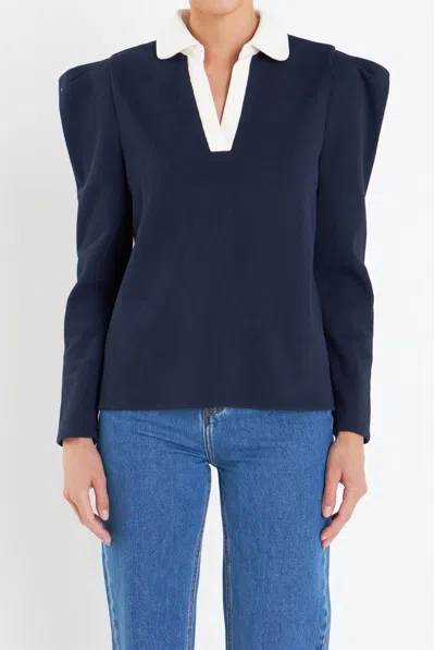 ENGLISH FACTORY CONTRAST COLLAR KNIT PULLOVER SWEATSHIRT IN NAVY BLUE