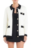 English Factory Contrast Edge Collared Cardigan In White/black