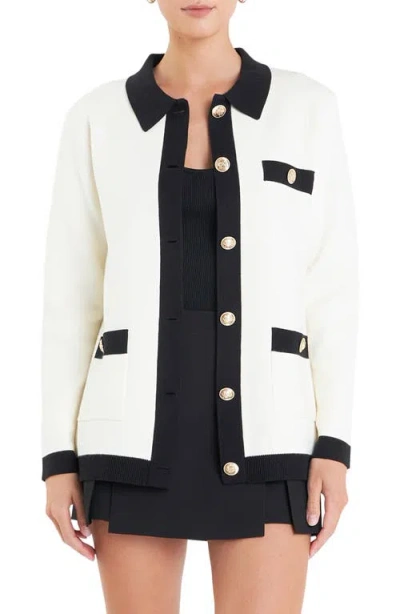 English Factory Contrast Edge Collared Cardigan In White/black