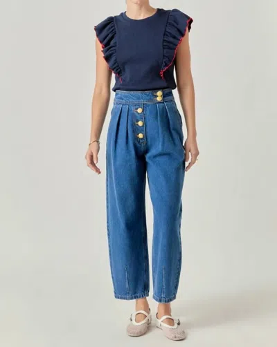 English Factory Contrast Merrow Detail Ruffled Knit Top In Navy In Blue