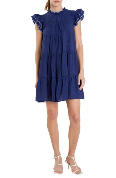 English Factory Contrast Merrow Stitch Babydoll Dress In Navy