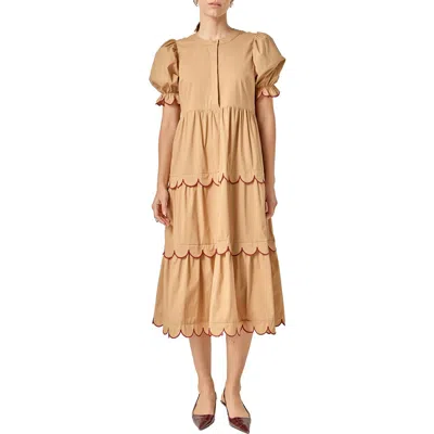 English Factory Contrast Scalloped Trim Cotton Midi Dress In Brown