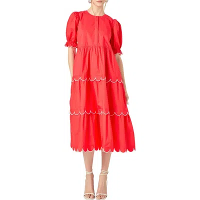 English Factory Contrast Scalloped Trim Cotton Midi Dress In Red/white