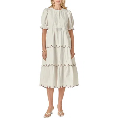 English Factory Contrast Scalloped Trim Cotton Midi Dress In White