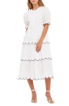 English Factory Contrast Scalloped Trim Cotton Midi Dress In White/ Black