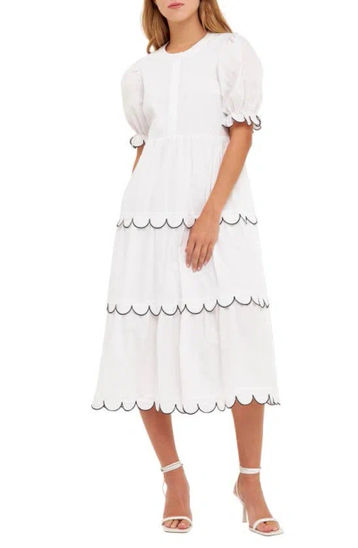 English Factory Contrast Scalloped Trim Cotton Midi Dress In White/ Black