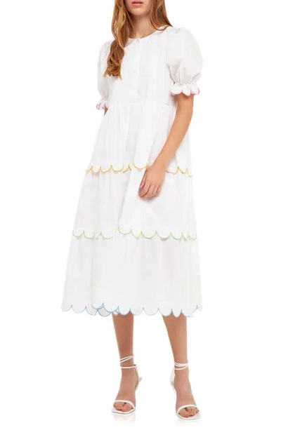 English Factory Contrast Scalloped Trim Cotton Midi Dress In White Multi