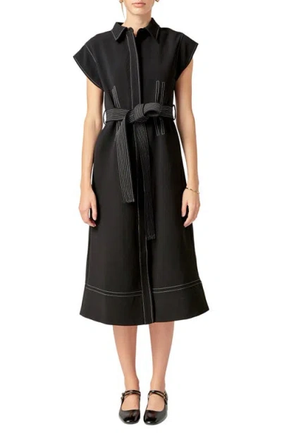English Factory Contrast Stitch Tie Waist Midi Dress In Black/white