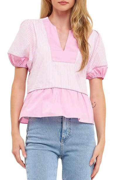 English Factory Contrast Stripe Puff Sleeve Top In Pink Multi