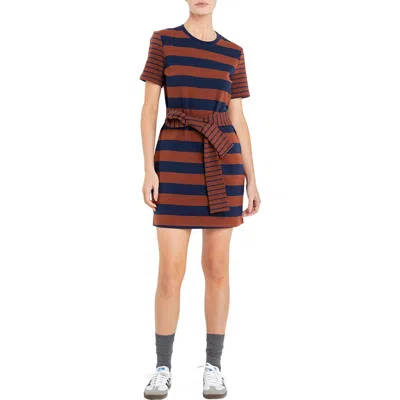 English Factory Contrast Stripe Tie Waist Minidress In Brown/navy