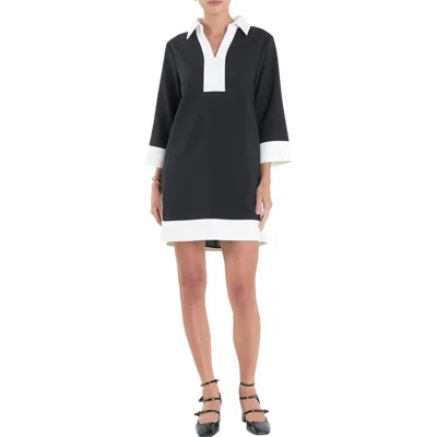 English Factory Contrast Trim Mini Shirtdress In Black/off White