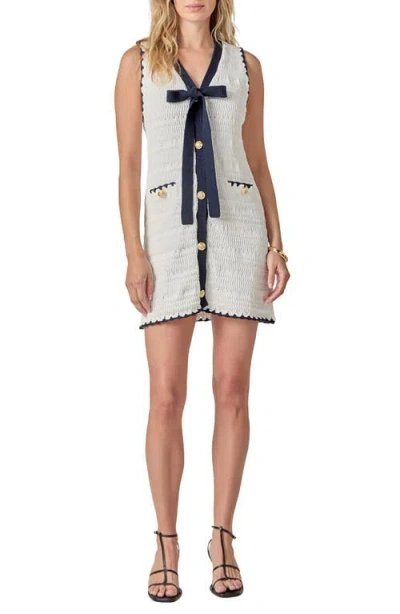 English Factory Contrast Trim Open Stitch Tie Neck Cotton Dress In Blue