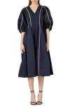 English Factory Contrast Trim Puff Sleeve Cotton Blend Midi Dress In Navy Multi