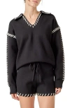 English Factory Contrasting Stitch Relaxed Fit Top In Black