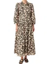 English Factory Belted Tiered Print Long Sleeve Cotton Midi Dress In Multi