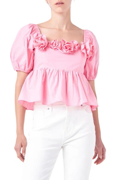English Factory Corsage Detail Cotton Poplin Top In Pink