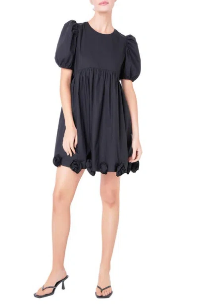 English Factory Corsage Puff Sleeve Babydoll Minidress In Jet Black