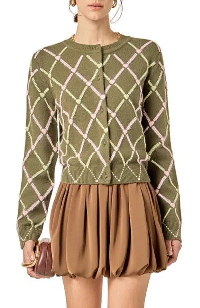 English Factory Diamond Heart Cardigan In Green
