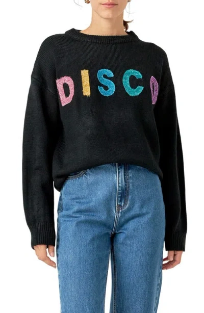 English Factory Disco Appliqué Graphic Crewneck Sweater In Black