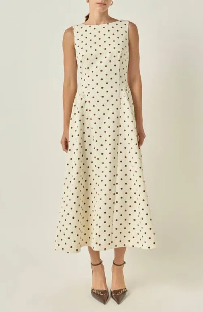 English Factory Dot Sleeveless Flare Midi Dress In Neutral