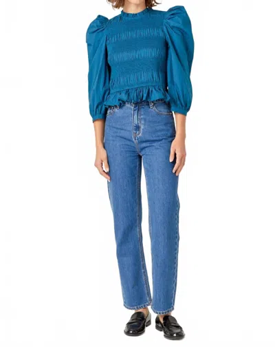 English Factory Ellis Puff Sleeves Top In Teal In Blue