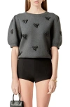 English Factory Embellished Bow Puff Short Sleeve Sweater In Gray