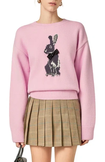 English Factory Embellished Intarsia Bunny Crewneck Sweater In Pink