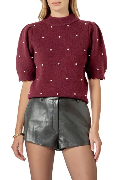 English Factory Embellished Short Sleeve Sweater In Burgundy