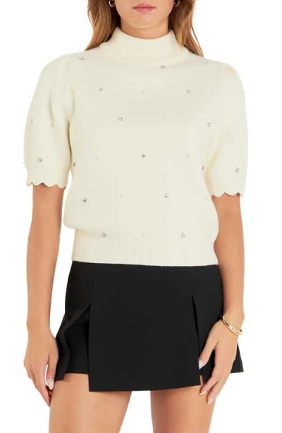 English Factory Embellished Short Sleeve Sweater In White