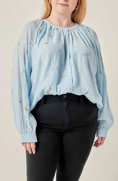 English Factory Embroidered Button Front Blouse In Blue