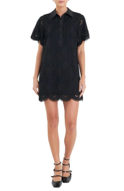 English Factory Embroidered Cotton Blend Mini Shirtdress In Black