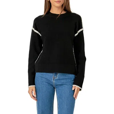 English Factory Embroidered Crewneck Sweater In Black/white