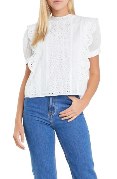 English Factory Embroidered Eyelet Short Sleeve Cotton Top In White