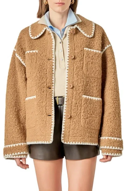 English Factory Embroidered Faux Shearling Jacket In Brown