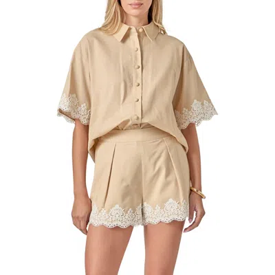 English Factory Embroidered Lace Linen Blend Shirt In Brown