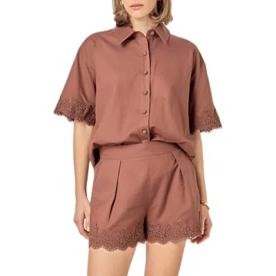 English Factory Embroidered Lace Linen Blend Shirt In Brown
