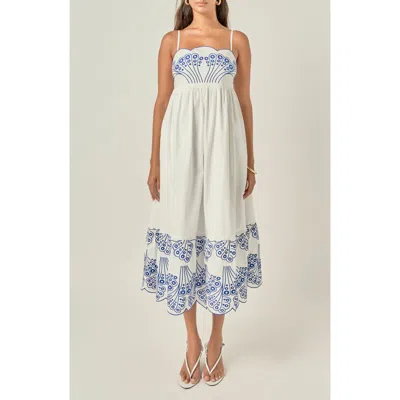 English Factory Embroidered Midi Dress In White/blue