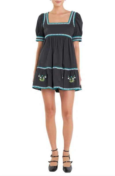 English Factory Embroidered Puff Sleeve Cotton Babydoll Dress In Black Multi