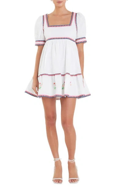 English Factory Embroidered Puff Sleeve Cotton Babydoll Dress In Ivory Multi