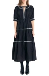 English Factory Embroidered Puff Sleeve Tiered Midi Dress In Black/ White